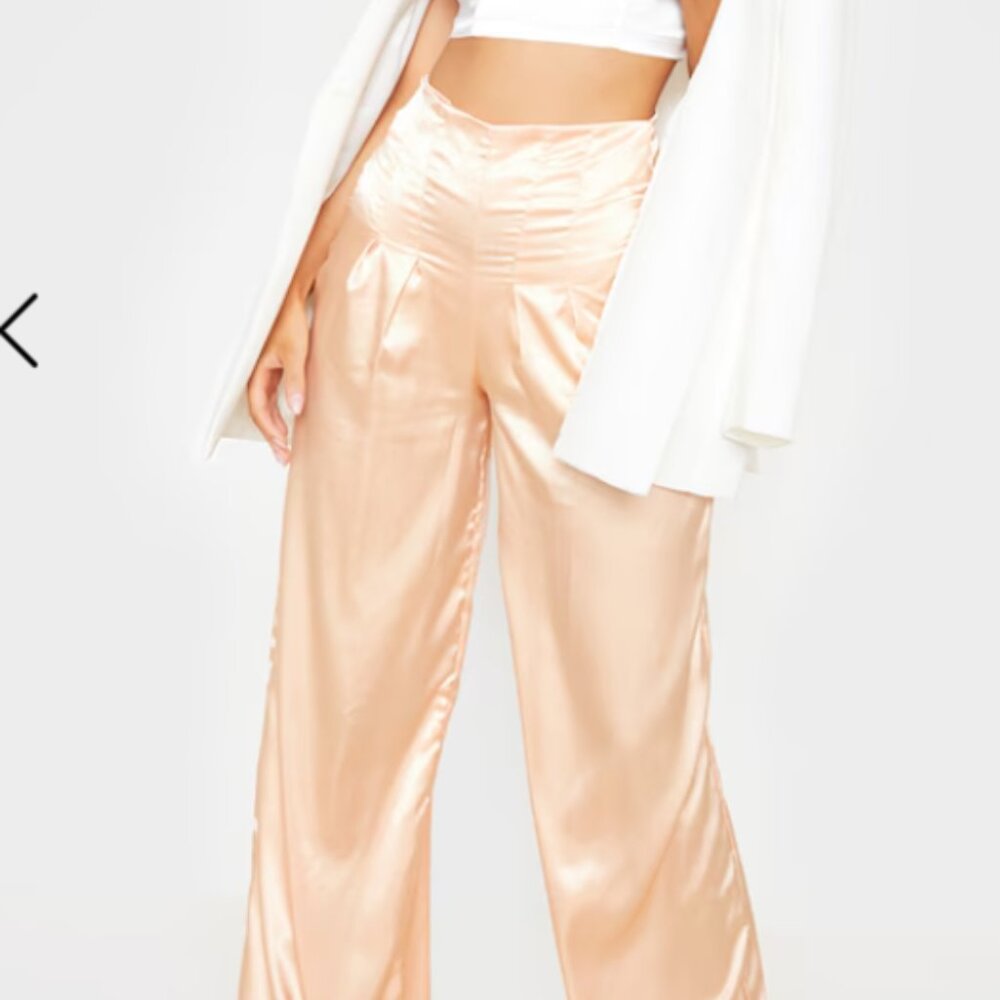 Pearl Satin Pleat Detail Wide Leg Trouser